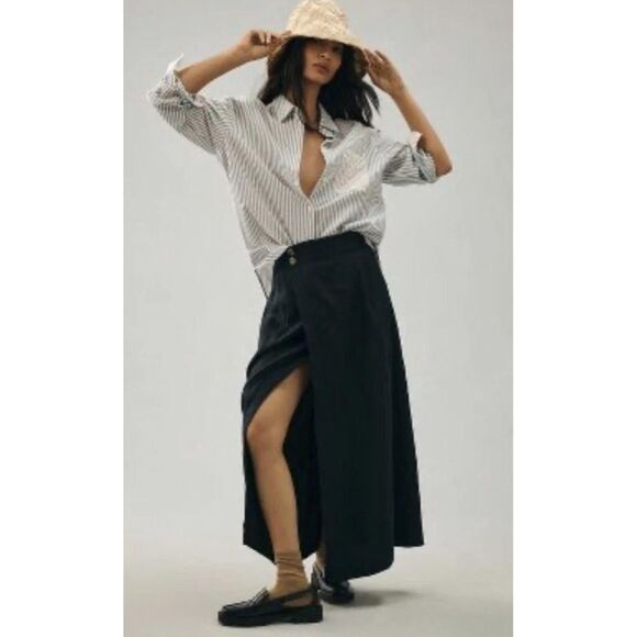 Anthropologie Size 8 Navy Blue Skirt Striped Button Up 100% Linen Coastal Chic - Picture 1 of 9